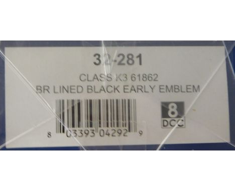 Bachmann Locomotive 32-281 Class K3, 61862 BR lined black, early emblem, mint and boxed (Retail 118)