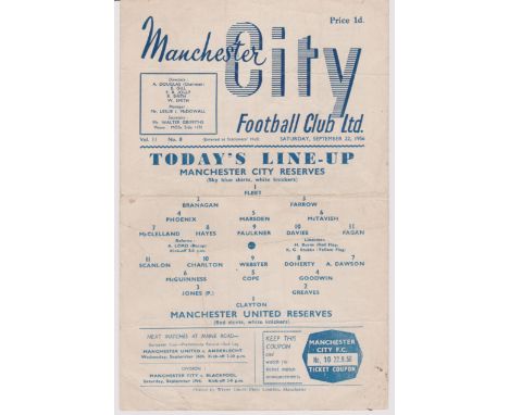 Manchester City reserves v Manchester United Reserves Sept 1956,  (Charlton &amp; Greaves), single sheet, crease, small edge 