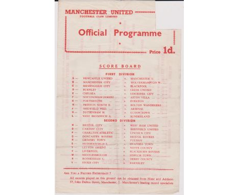 Manchester United Reserves v West Bromwich Reserves, single sheet, creases, playing Charlton, Greeves