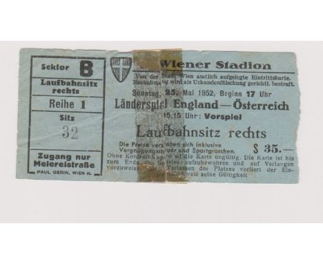 Ticket Austria v England in Vienna 25th May 1952. Iconic Lion of Vienna game. Sellotape. Fair