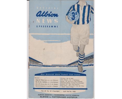 West Bromwich Albion Reserves v Manchester United Reserves April 5th and 7th 21958, light crease, staple rust otherwise very 