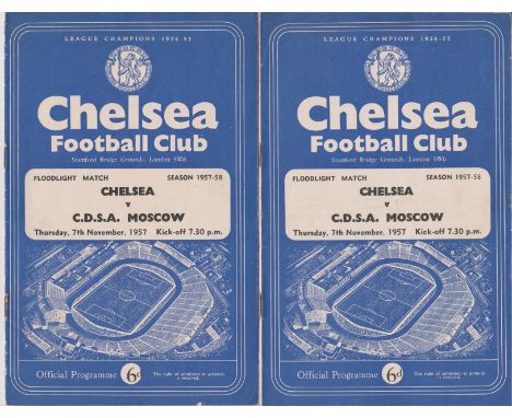 Programmes (2) and 3 tickets for the Chelsea v CDSA Moscow (Soviet Army) friendly match 7th November 1957. Generally good