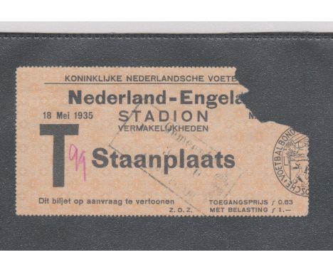 Ticket Netherlands v England in Amsterdam 18th May 1935. Top right hand corner missing probably torn on entry. Fair 