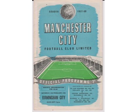 Manchester City v Birmingham City 1957/58 15th Feb, 4 pages of pictures including light journalists column deed, staple rust 