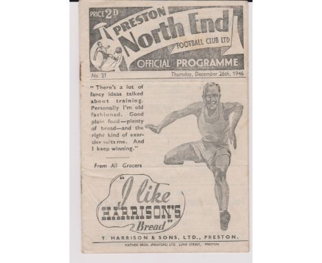 Preston North End v Chelsea programme 26th December 1946. Light staple rust. No writing. Generally good.