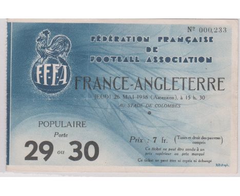 Ticket France v England in Paris 26th May 1938. Good