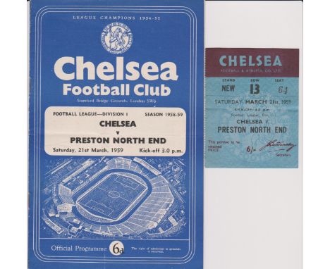 Programme and ticket for the Chelsea v Preston North End match 21st March 1959. Good