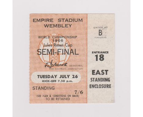1966 World Cup Ticket 26th July semi final England v Portugal