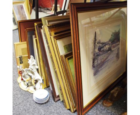 A Capo-di-Monte figure;  Copenhagen trinket dishes;  a framed Chinese embroidery;Pictures and prints - Geoffrey Coloton, by a