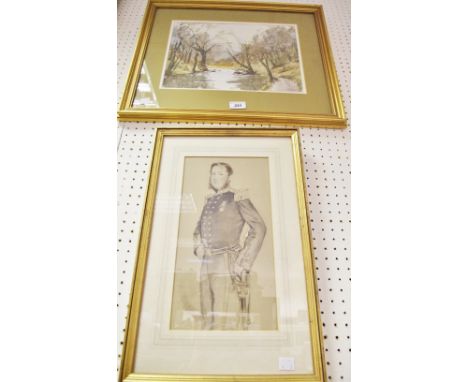 A military gentleman, coloured sketch; S Davis, a Derbyshire River, signed, watercolour (2)