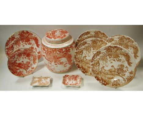 A large Royal Crown Derby Red Aves pattern ginger jar and cover; conforming cabinet plate and saucer; etc 