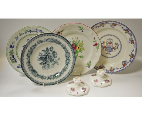 Decorative ceramics - a Royal Worcester pagoda pattern cabinet plate, others; a pair of boudoir candlesticks