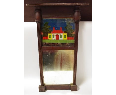 A 19th century reverse painted looking glass, planked back with panel depicting naeve house scene, foxed mirror