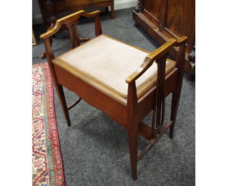 A Sheraton Revival piano stool, lyre shaped supports, tapering legs, c.1900
