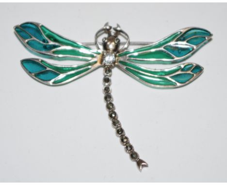 Plique-a-jour and marcasite dragonfly brooch, the body set with a light blue stone possibly aquamarine  