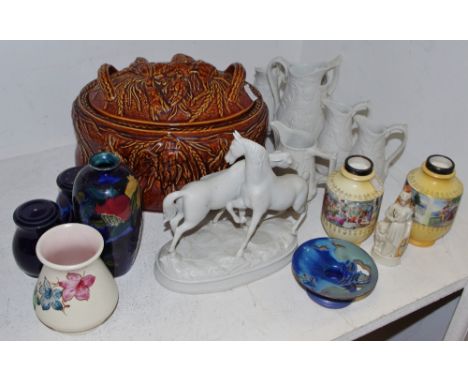 Ceramics - a Parian horse group; Portmerion jugs; game tureen; Hancocks Rubens ware pomegranate vase, etc