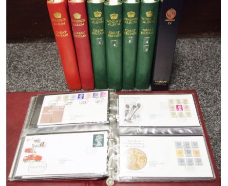 Stamps - six Windsor stamp albums; one Stanley Gibbons GB album; one album of definitive first day covers