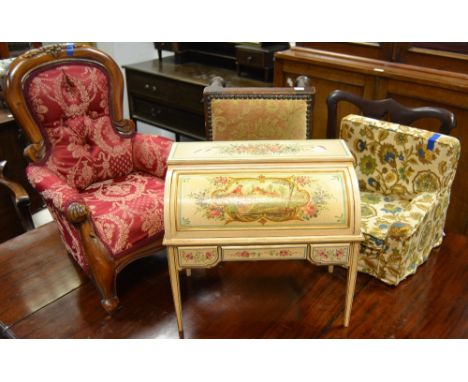 A Victorian style mahogany spoon back doll's chair;  a doll's side chair;  a foot stool;  a doll's bonhur de jour, in white, 