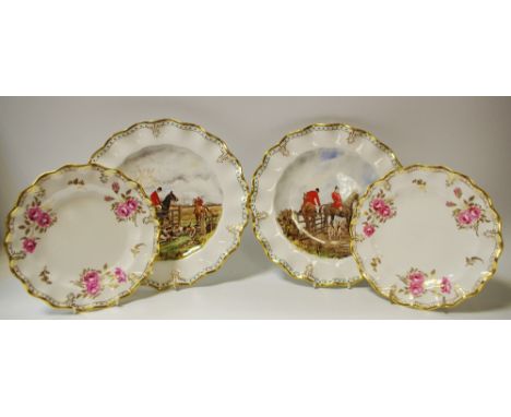 A pair of Royal Pinxton Roses wavy edge cabinet plates; a near pair of wavy edge Royal Crown Derby Hand Painted Hunting Scene