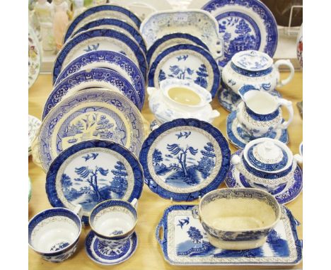 Ceramics - Booth's Real Old Willow teaware including teapot, milk and sugar.