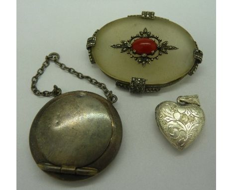 A silver, marcasite and coral brooch, a silver locket and a miniature silver compact