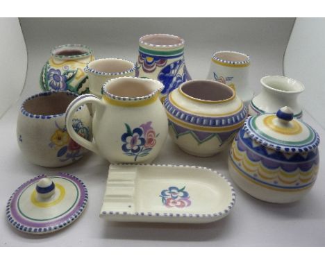 Ten pieces of Poole pottery including three Carter Stabler Adams Ltd, some a/f