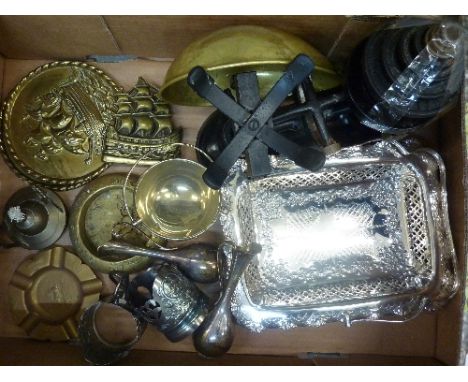 A set of kitchen scales, brass advertising ashtrays, a silver plated tray, etc.