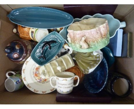 Four Poole dishes, a Belleek vase, a Royal Doulton figure, Geraldine, Cottage Ware, a Sylvac planter, etc., (two boxes)