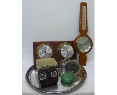 Two barometers, a 3D viewer, a clock, a fossil specimen, a plated tray, etc.
