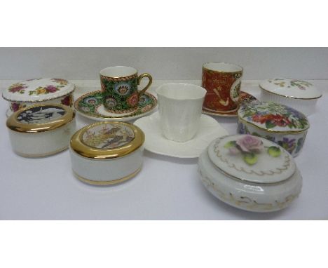 Six trinket boxes including Wedgwood, one musical and three cups and saucers including Shelley and Royal Worcester