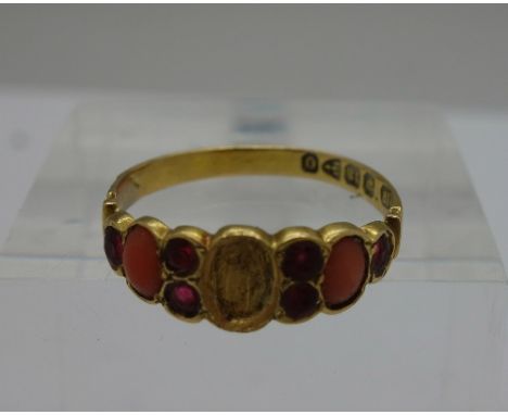 A Victorian 18ct gold, ruby and coral ring, Chester 1897, weight 1.8g, size O, lacking centre coral 