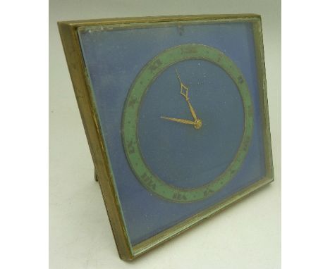 A Swiss made Art Nouveau brass and enamel clock, Paris retailer, a/f, height 10cm