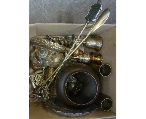 A collection of brassware, etc., including an inkwell