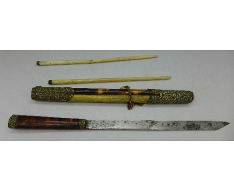 A tortoiseshell knife and chopstick set, a/f