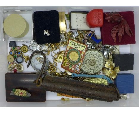 A Halden Calculex Circular Slide Rule, a compass, a Salter's spring balance, jewellery, etc.