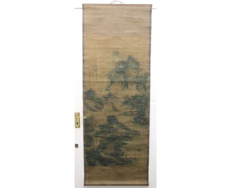 A Chinese scroll print after Wu Hufan (1894 - 1968), riverscape with pagodas, 20thC, max width 62.5cm
