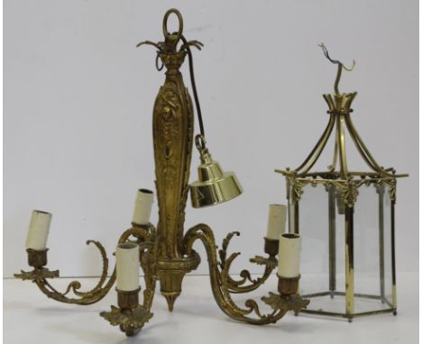 An octagonal brass finish lantern; and an Edwardian style five light candelabra, both fitted for electricity (2) 