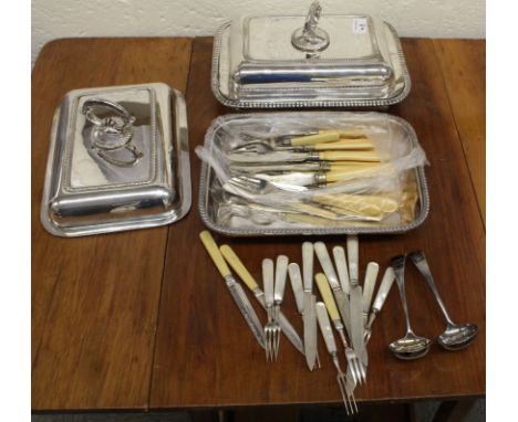 Two silver plated entree dishes and covers; and various silver plated flatware including mother of pearl handled fruit knives