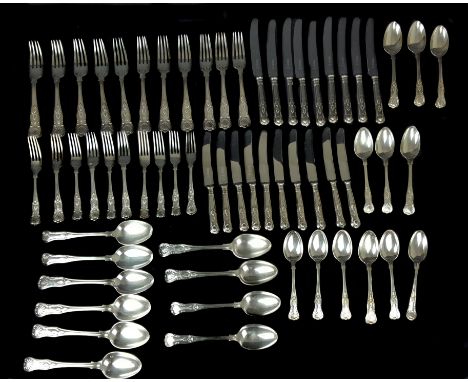 Items of silver plated Kings pattern flatware, comprises nine dinner knives; eleven dinner forks; twelve spoons; ten dessert 