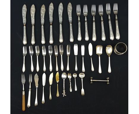 A quantity of silver plated table flatware included fish eaters; cake forks; napkin rings etc