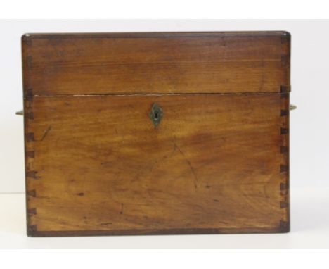 A mahogany Campaign or Military mess cutlery box, with inset brass carrying handles, lift out tray to interior, containing Ar