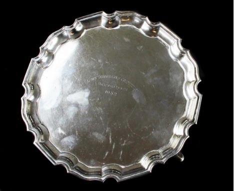 A Mappin & Webb silver salver, on tripod hoof feet, shaped stepped piecrust rim, engraved 'Lawn Tennis Golf Competition', Scr