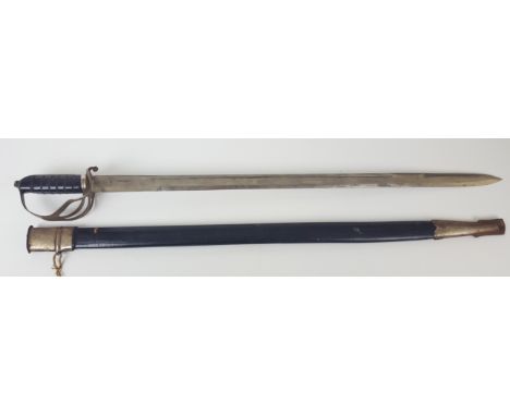 An early 20thC Cavalry sword and scabbard, made in India with scroll work to blade, blade length 77cm approx
