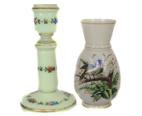 A Bohemian opaline glass candlestick, pale green colour, enamelled with floral garlands; and a Bohemian opaline glass vase, p