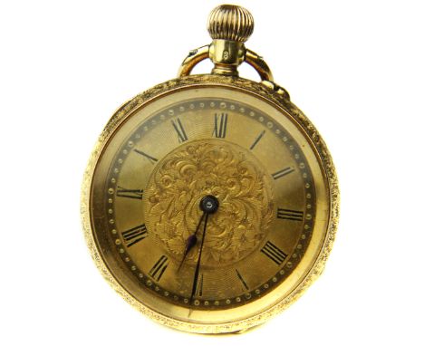 A Victorian 18ct gold ladies fob watch, the dial finely engravend and with black enamel roman numerals, cased signed inside B