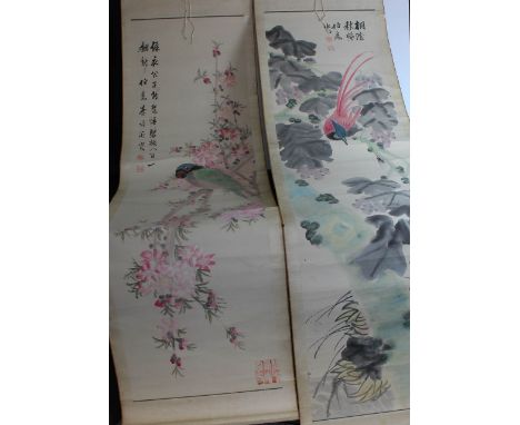 Five Chinese scroll paintings, possibly signed Bou Shuan, cockrell lotus flower and bird subjects, 54.5cm wide (5)