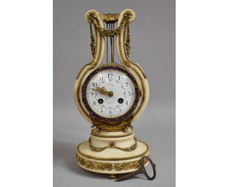 A French Louis XVI Style Ormolu Mounted Alabaster Lyre Shaped Mantle Clock on Oval Base with Four Feet, White Enamelled Dial 