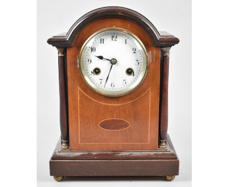 A Late Victorian/Edwardian Dome Topped Inlaid Mantle Clock with Eight Day Movement and Turned Pilasters on Four Ball Feet, 32