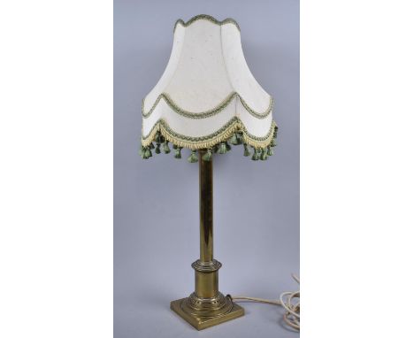 An Edwardian Brass Table Lamp with Turned Support on Square Plinth Base, Complete with Shade, Overall Height 60cm 