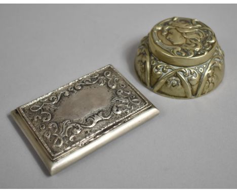 A Silver Plated Circular Box Decorated with Art Nouveau Maiden Together with a Rectangular White Metal Snuff Box with Inner S